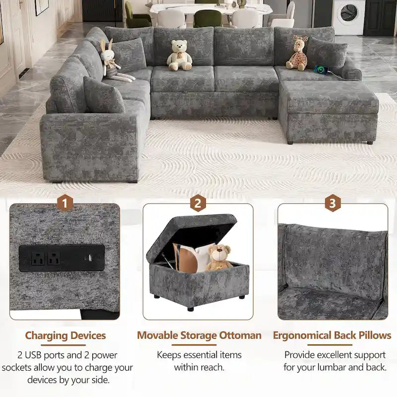 Canapé d'angle convertible Roomfitters avec pouf de rangement, trois oreillers et chargeurs intégrés