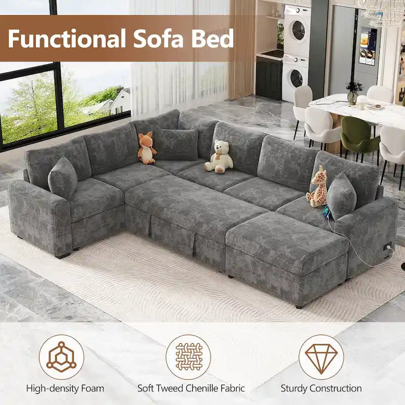 Canapé d'angle convertible Roomfitters avec pouf de rangement, trois oreillers et chargeurs intégrés