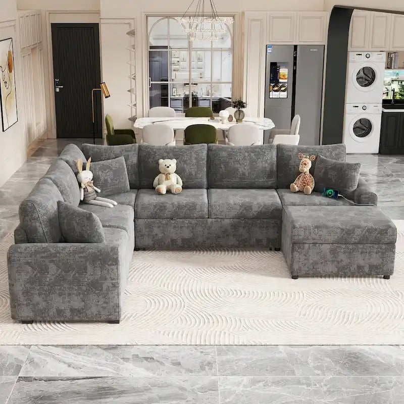 Canapé d'angle convertible Roomfitters avec pouf de rangement, trois oreillers et chargeurs intégrés