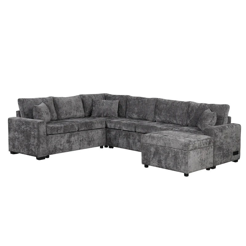 Canapé d'angle convertible Roomfitters avec pouf de rangement, trois oreillers et chargeurs intégrés