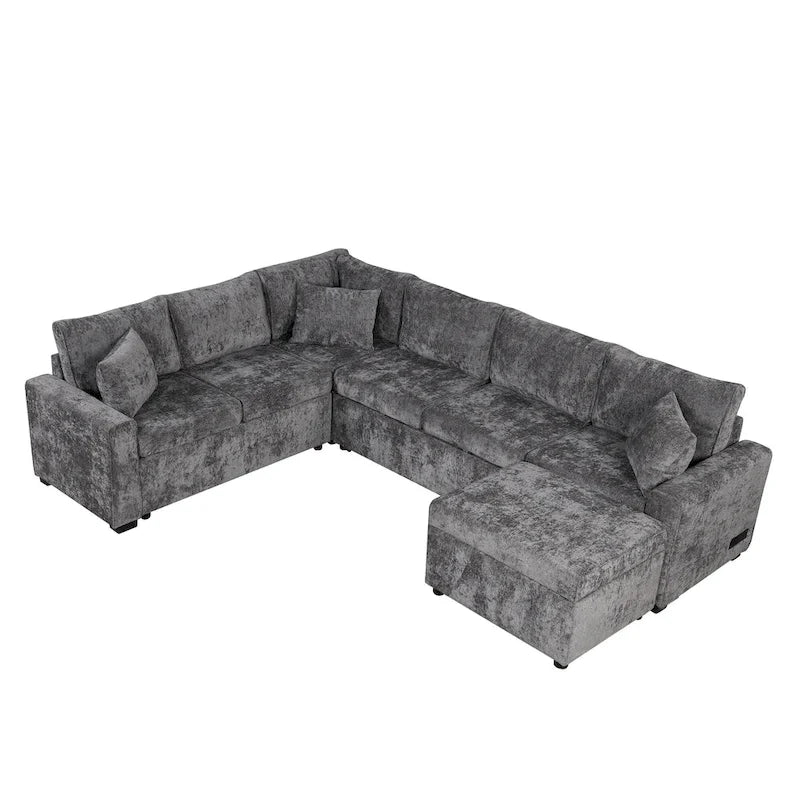 Canapé d'angle convertible Roomfitters avec pouf de rangement, trois oreillers et chargeurs intégrés