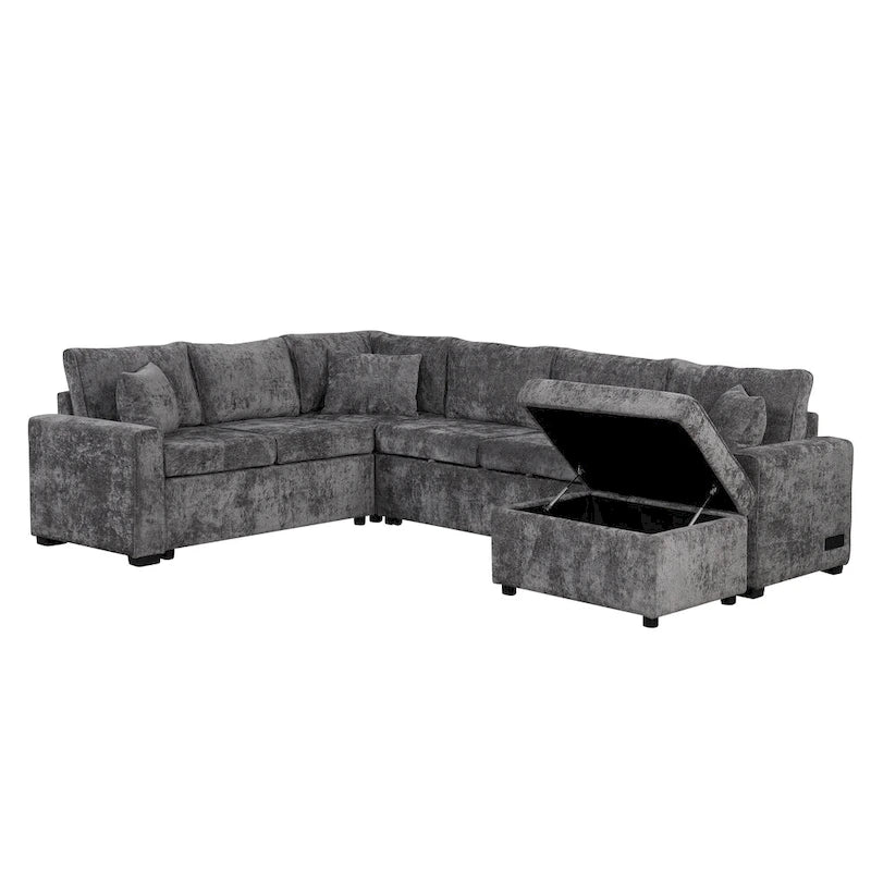 Canapé d'angle convertible Roomfitters avec pouf de rangement, trois oreillers et chargeurs intégrés