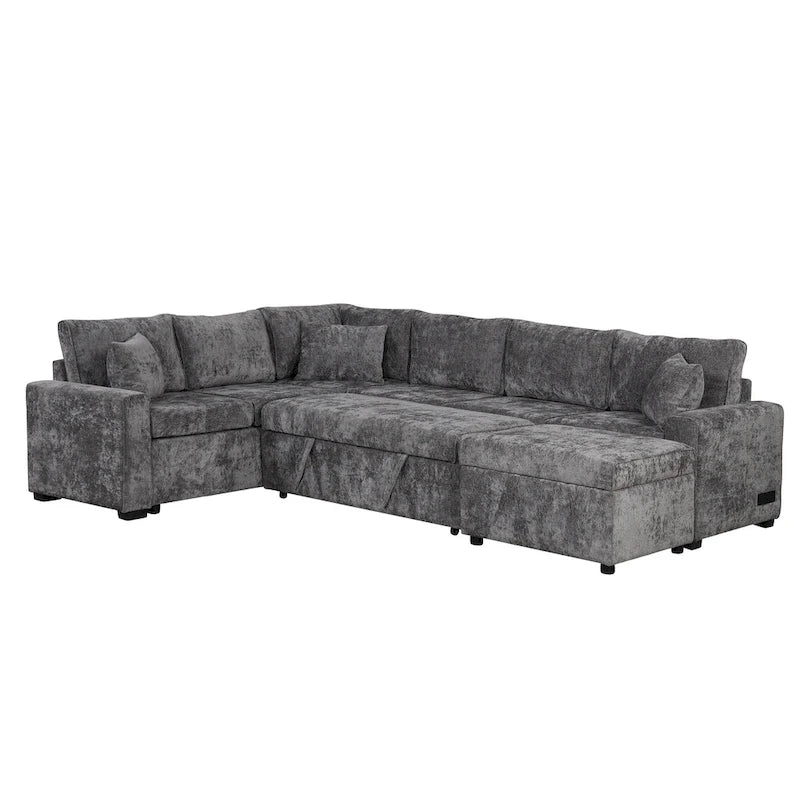 Canapé d'angle convertible Roomfitters avec pouf de rangement, trois oreillers et chargeurs intégrés