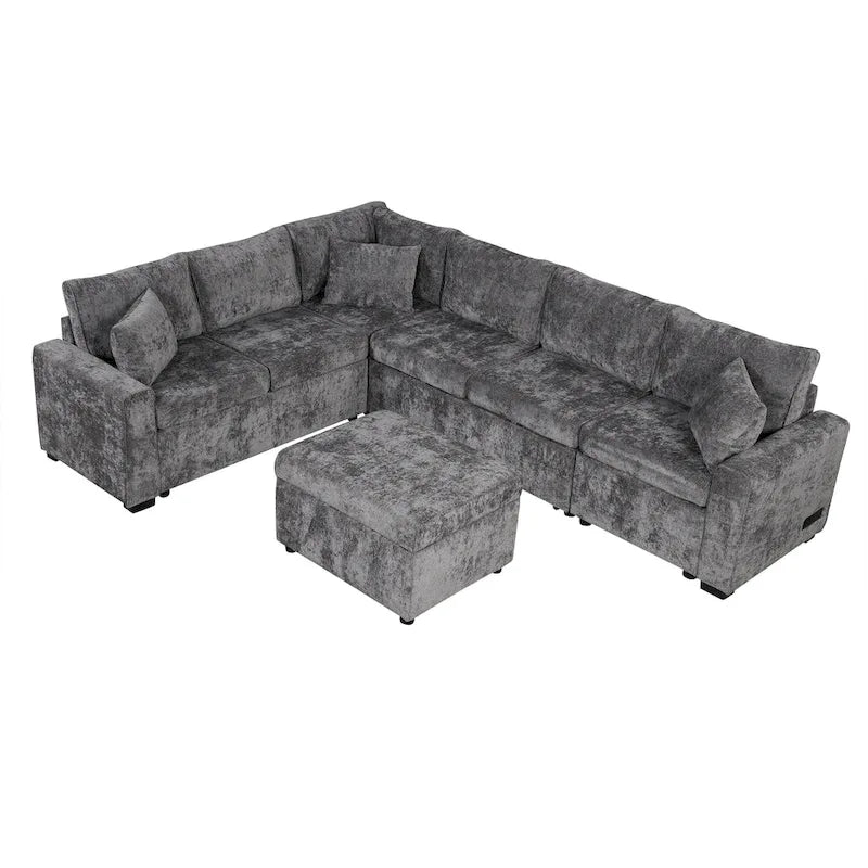 Canapé d'angle convertible Roomfitters avec pouf de rangement, trois oreillers et chargeurs intégrés