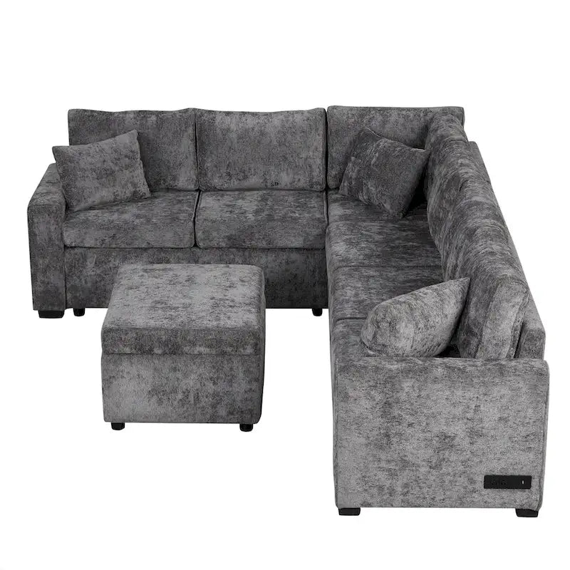 Canapé d'angle convertible Roomfitters avec pouf de rangement, trois oreillers et chargeurs intégrés