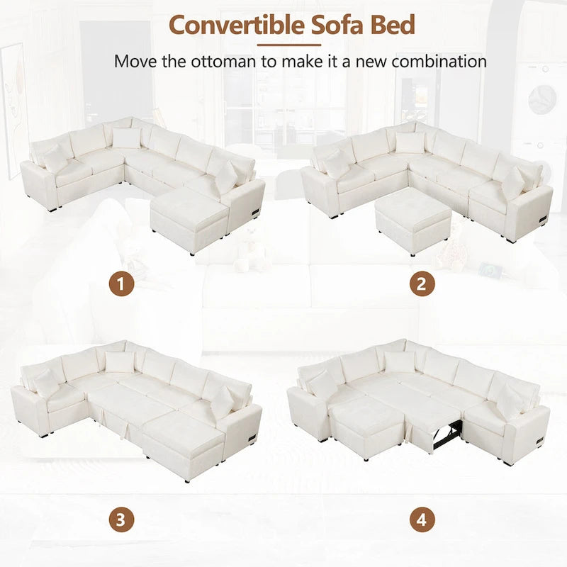 Canapé d'angle convertible Roomfitters avec pouf de rangement, trois oreillers et chargeurs intégrés