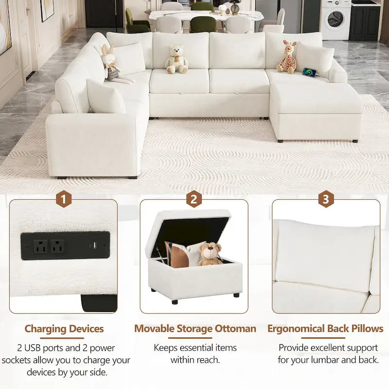 Canapé d'angle convertible Roomfitters avec pouf de rangement, trois oreillers et chargeurs intégrés