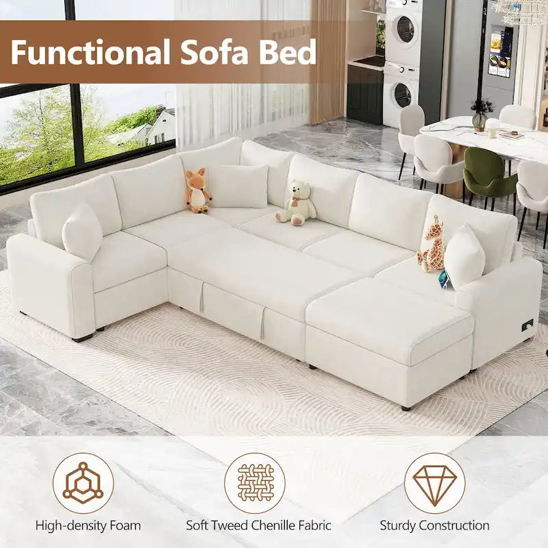 Canapé d'angle convertible Roomfitters avec pouf de rangement, trois oreillers et chargeurs intégrés