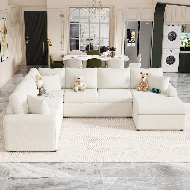 Canapé d'angle convertible Roomfitters avec pouf de rangement, trois oreillers et chargeurs intégrés