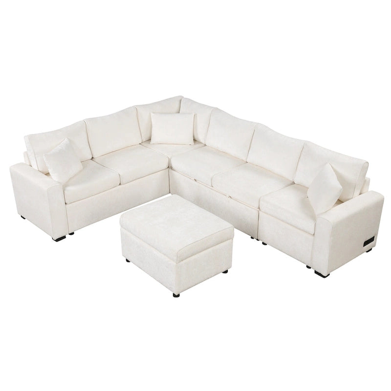 Canapé d'angle convertible Roomfitters avec pouf de rangement, trois oreillers et chargeurs intégrés