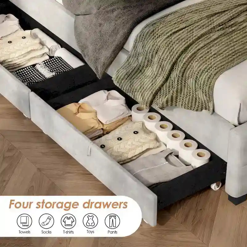 Upholstered Platform Storage Bed with 4 Drawers and Built-in Headboard LED Light, Button Tufted Wingback, No Box Spring Needed