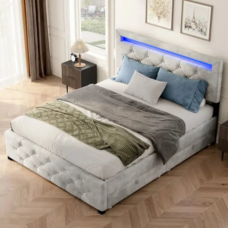 Lit plateforme rembourré avec rangement, 4 tiroirs, éclairage LED intégré à la tête de lit, dossier capitonné à oreilles, sommier non requis