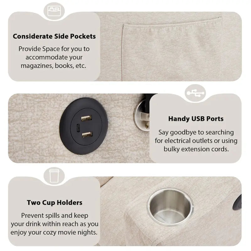 Canapé-lit convertible Roomfitters avec ports USB, poches latérales, porte-gobelets et support pivotant pour téléphone, idéal pour le salon.