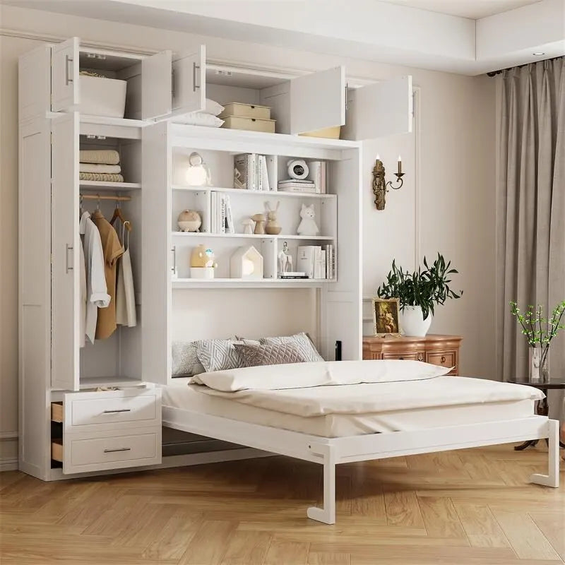 Queen Size Murphy Bed Wall Bed with Wardrobe, Top Cabinets and Storage Shelves, Foldable Murphy Cabinet Bed with 2 Drawers