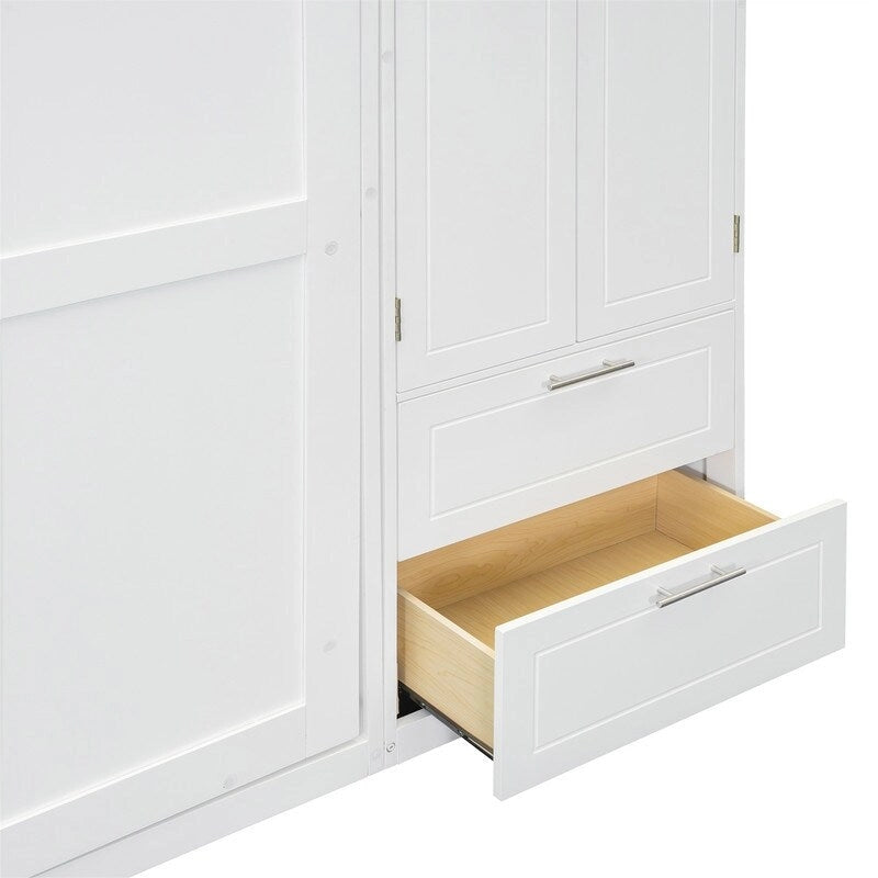 Lit escamotable mural Queen Size avec armoire, placards supérieurs et étagères de rangement, lit escamotable pliable avec 2 tiroirs