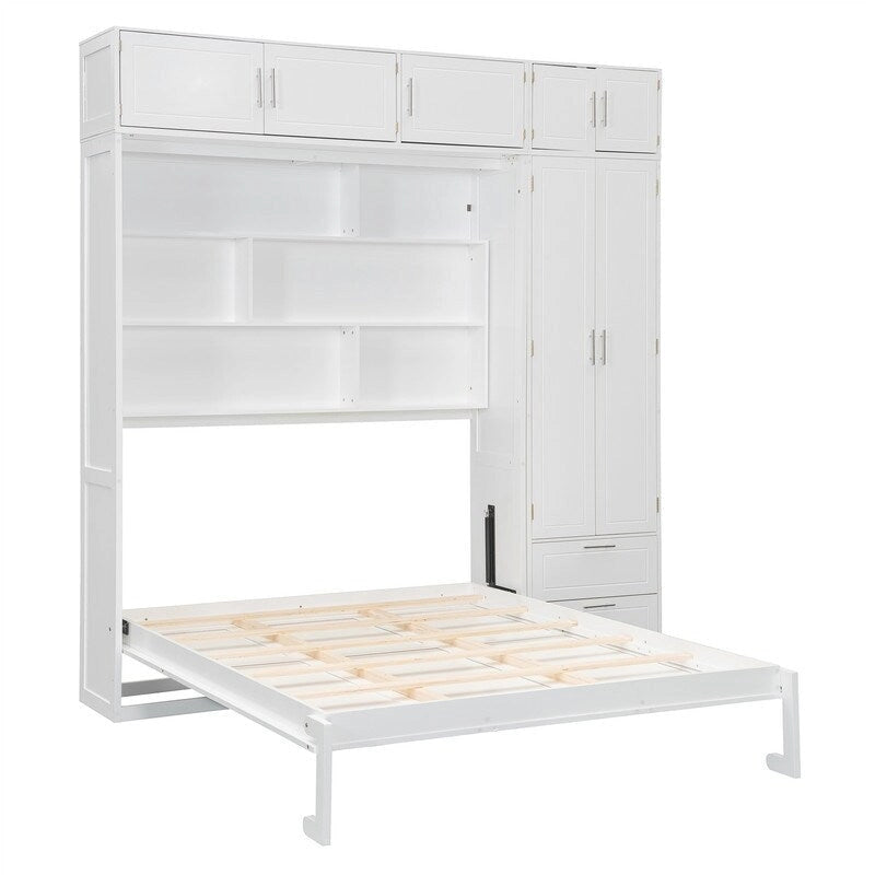 Lit escamotable mural Queen Size avec armoire, placards supérieurs et étagères de rangement, lit escamotable pliable avec 2 tiroirs