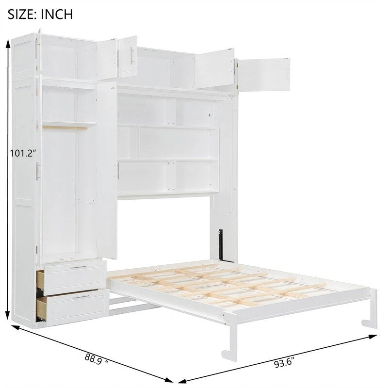 Lit escamotable mural Queen Size avec armoire, placards supérieurs et étagères de rangement, lit escamotable pliable avec 2 tiroirs