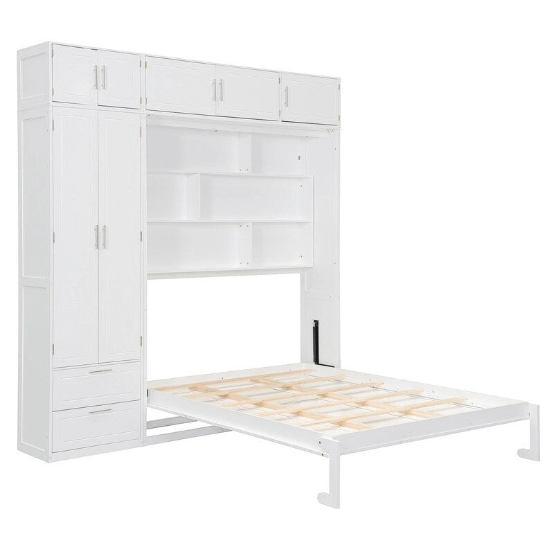Lit escamotable mural Queen Size avec armoire, placards supérieurs et étagères de rangement, lit escamotable pliable avec 2 tiroirs