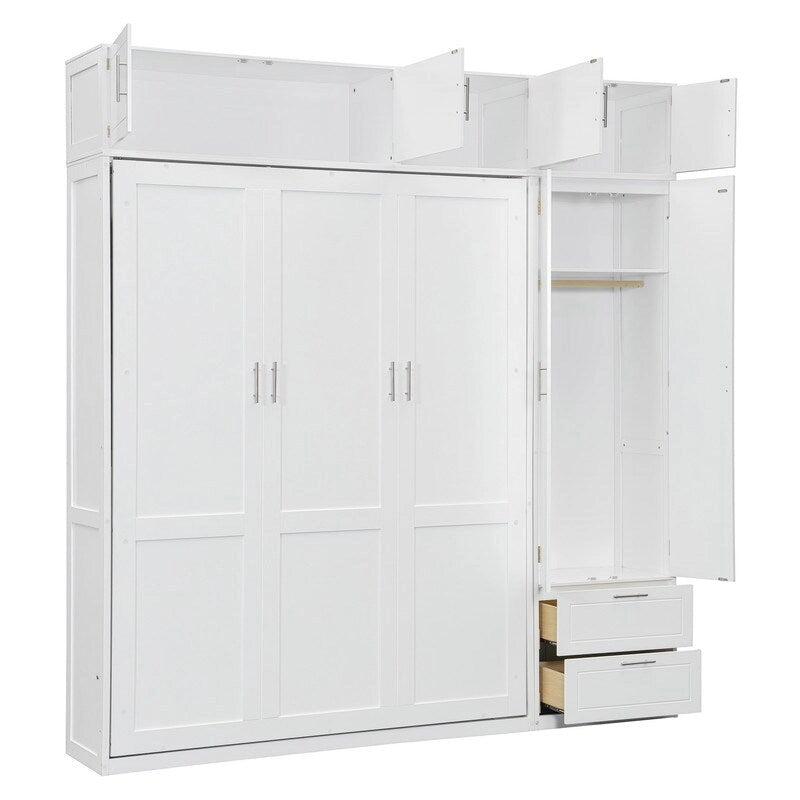 Lit escamotable mural Queen Size avec armoire, placards supérieurs et étagères de rangement, lit escamotable pliable avec 2 tiroirs