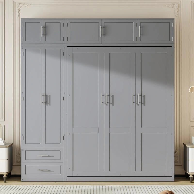 Lit escamotable mural Queen Size avec armoire, placards supérieurs et étagères de rangement, lit escamotable pliable avec 2 tiroirs