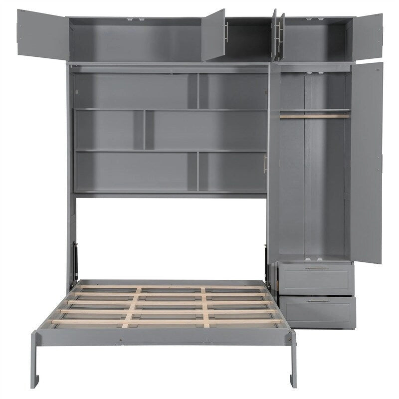 Lit escamotable mural Queen Size avec armoire, placards supérieurs et étagères de rangement, lit escamotable pliable avec 2 tiroirs