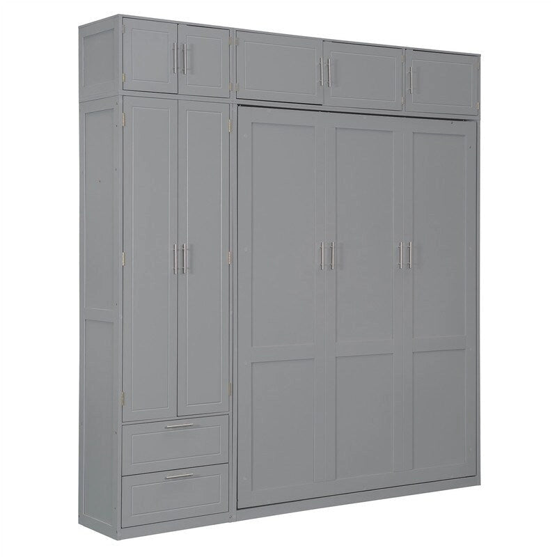 Lit escamotable mural Queen Size avec armoire, placards supérieurs et étagères de rangement, lit escamotable pliable avec 2 tiroirs