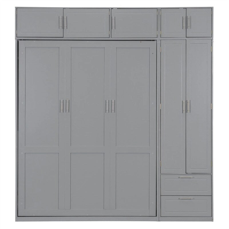 Lit escamotable mural Queen Size avec armoire, placards supérieurs et étagères de rangement, lit escamotable pliable avec 2 tiroirs