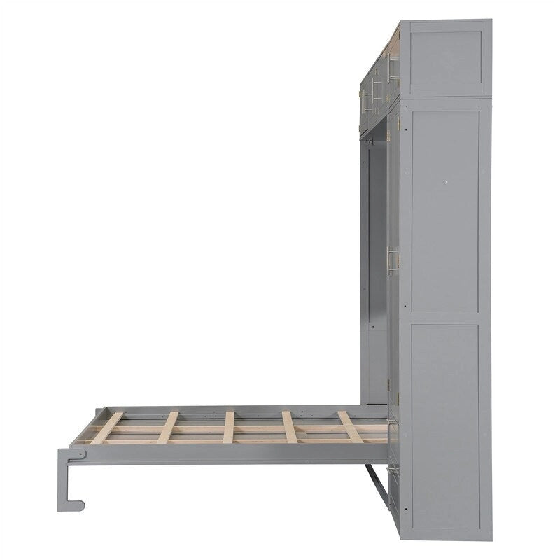 Lit escamotable mural Queen Size avec armoire, placards supérieurs et étagères de rangement, lit escamotable pliable avec 2 tiroirs