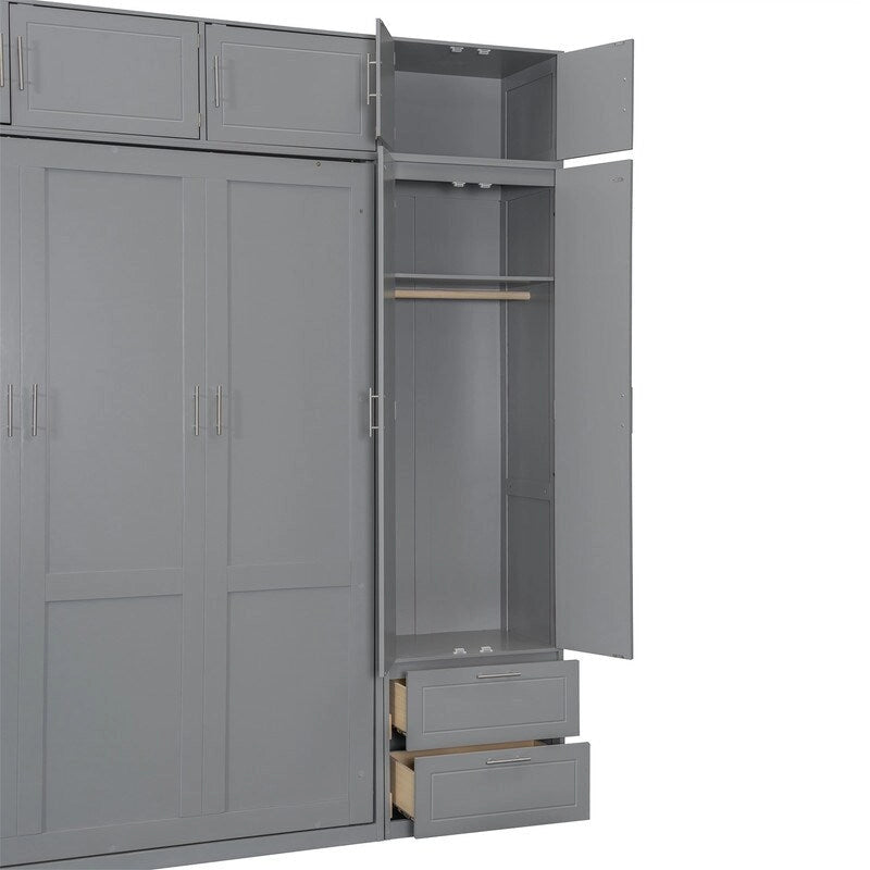 Lit escamotable mural Queen Size avec armoire, placards supérieurs et étagères de rangement, lit escamotable pliable avec 2 tiroirs