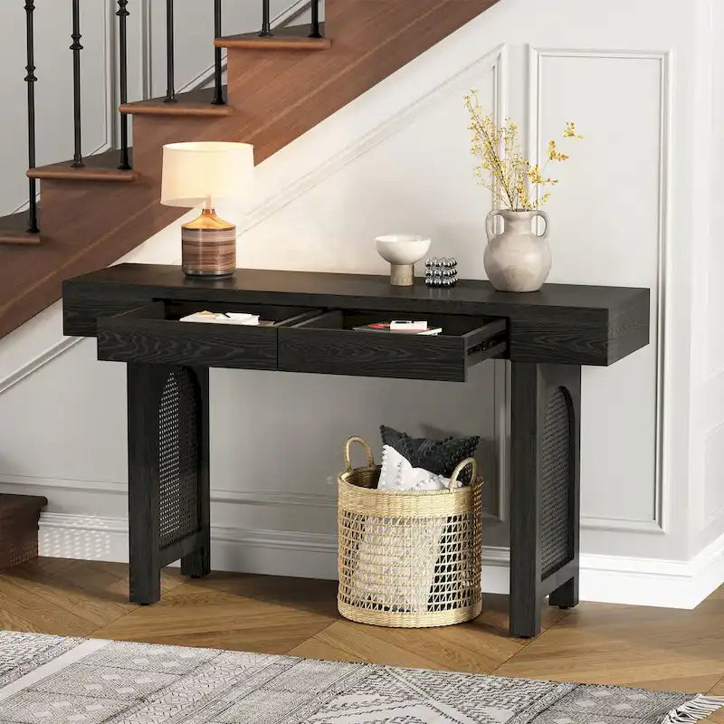 Console étroite avec accents en rotin (noir antique)