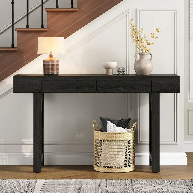 Console étroite avec accents en rotin (noir antique)