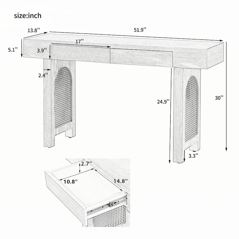 Console étroite avec accents en rotin (noir antique)