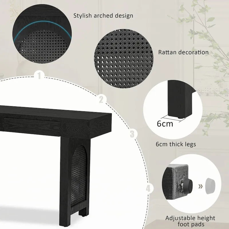 Console étroite avec accents en rotin (noir antique)