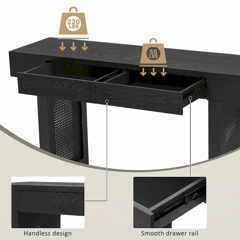 Console étroite avec accents en rotin (noir antique)