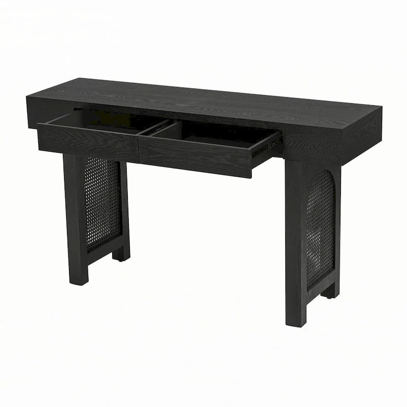 Console étroite avec accents en rotin (noir antique)