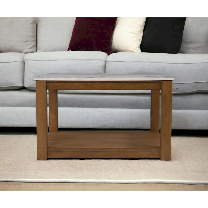 Table basse contemporaine en bois avec plateau imitation marbre et étagères de rangement pour salon - 46,4 cm (H) x 76,2 cm (L) x 76,2 cm (P)