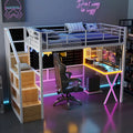 Lit mezzanine gaming en métal avec espace de travail et penderie intégrés, structure de lit mezzanine robuste avec escalier de rangement et éclairage LED