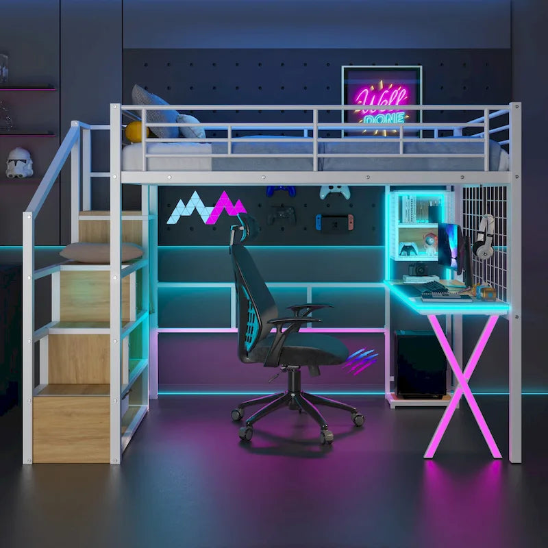 Lit mezzanine gaming en métal avec espace de travail et penderie intégrés, structure de lit mezzanine robuste avec escalier de rangement et éclairage LED