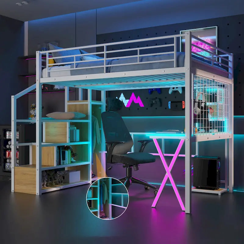 Lit mezzanine gaming en métal avec espace de travail et penderie intégrés, structure de lit mezzanine robuste avec escalier de rangement et éclairage LED