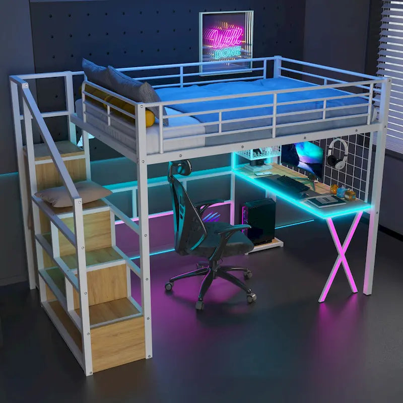 Lit mezzanine gaming en métal avec espace de travail et penderie intégrés, structure de lit mezzanine robuste avec escalier de rangement et éclairage LED