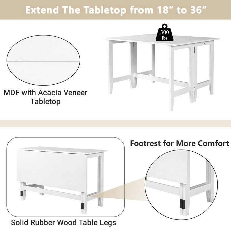 Table de salle à manger rustique à abattants, gain de place, style campagnard, avec plateau en bois extensible - 119 cm (L) x 91 cm (P) x 76 cm (H)