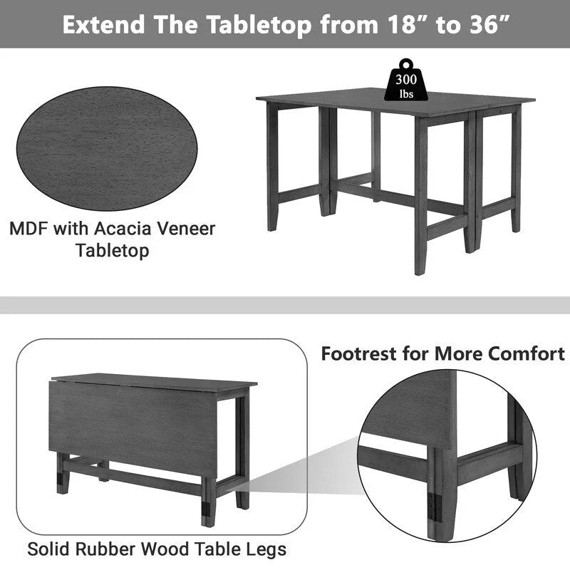 Table de salle à manger rustique à abattants, gain de place, style campagnard, avec plateau en bois extensible - 119 cm (L) x 91 cm (P) x 76 cm (H)