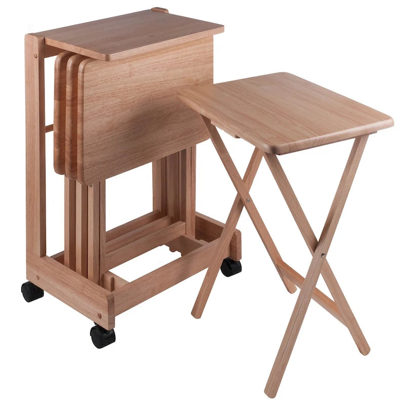 Ensemble de 5 tables basses Brienda en bois naturel avec plateau rabattable et support mobile 32