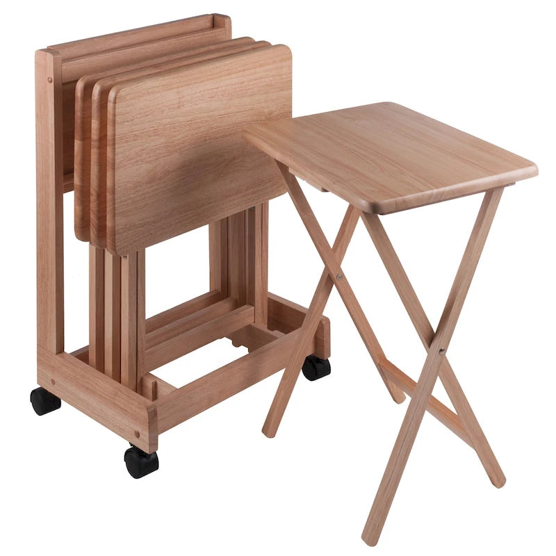 Ensemble de 5 tables basses Brienda en bois naturel avec plateau rabattable et support mobile 32