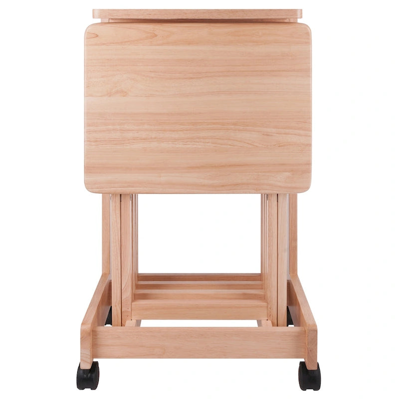 Ensemble de 5 tables basses Brienda en bois naturel avec plateau rabattable et support mobile 32