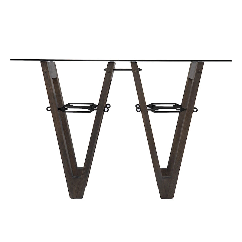 Console en bois recyclé et verre transparent avec piètement abstrait - 46 cm L x 18 cm l x 29,5 cm H