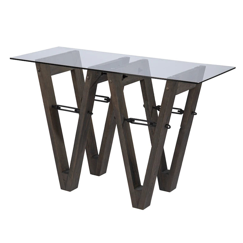 Console en bois recyclé et verre transparent avec piètement abstrait - 46 cm L x 18 cm l x 29,5 cm H