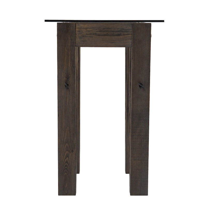Console en bois recyclé et verre transparent avec piètement abstrait - 46 cm L x 18 cm l x 29,5 cm H
