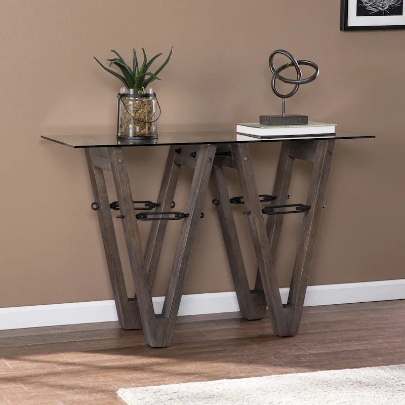 Console en bois recyclé et verre transparent avec piètement abstrait - 46 cm L x 18 cm l x 29,5 cm H