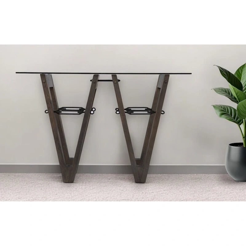 Console en bois recyclé et verre transparent avec piètement abstrait - 46 cm L x 18 cm l x 29,5 cm H